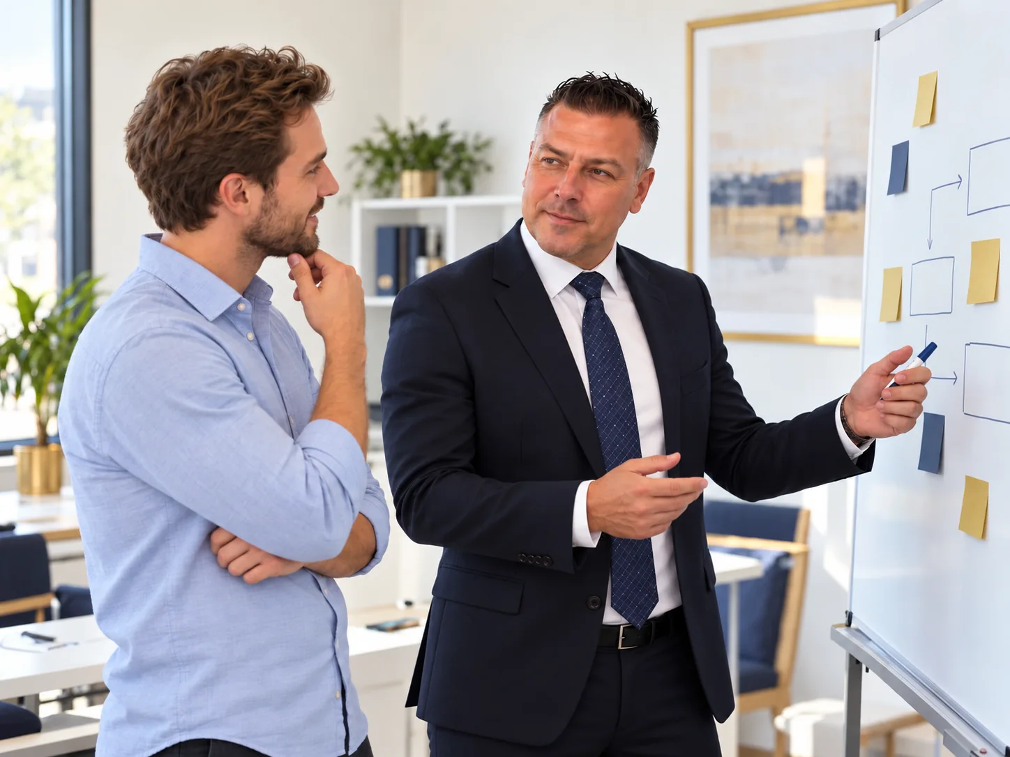 Meik Kampmann entwickelt mit einem Gründer einen Plan am Whiteboard