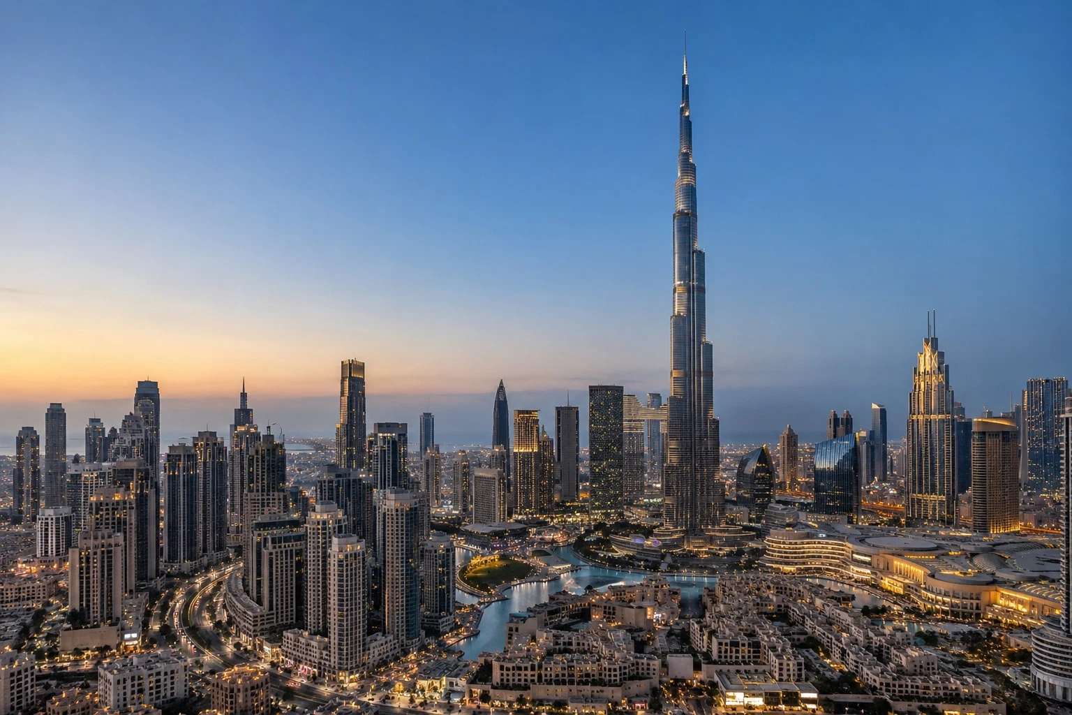 Dubai-Skyline mit Burj Khalifa bei Sonnenuntergang