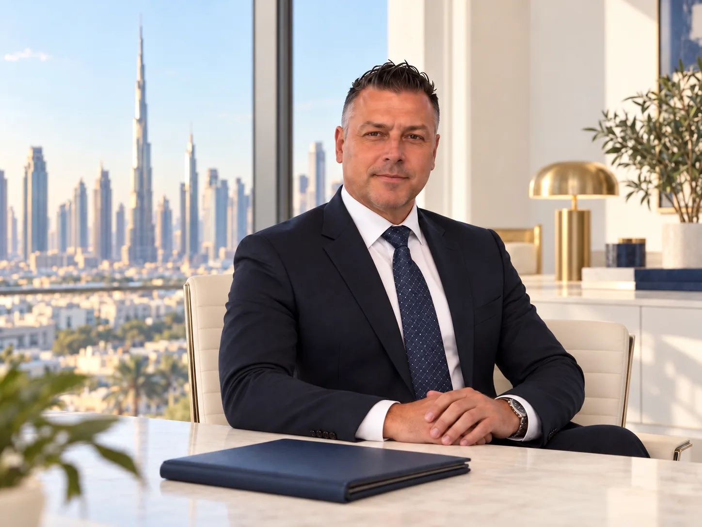 Meik Kampmann im Büro mit Blick auf Dubai