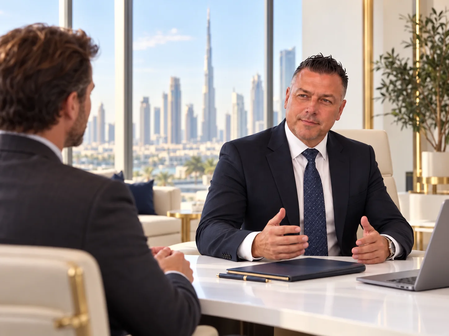 Two men discuss a startup project in a bright office
